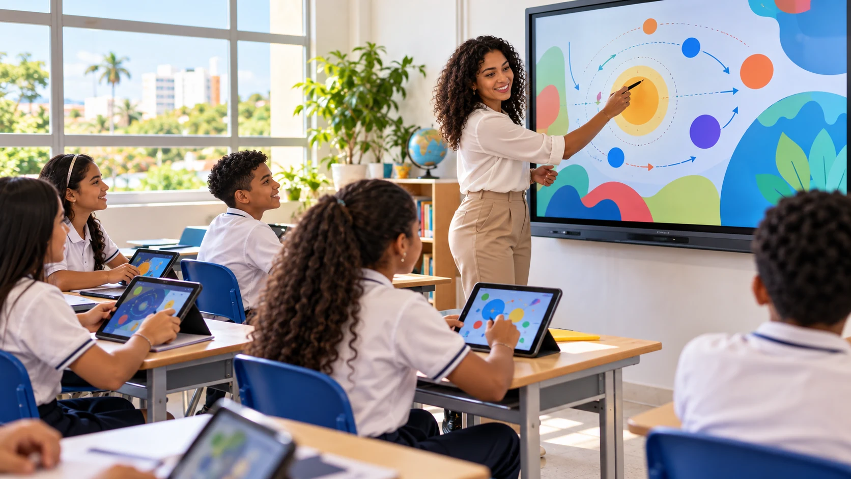 Representación de un aula digital con docente, pantalla interactiva y tabletas